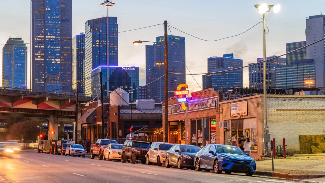 Deep Ellum neighborhood and skyline view